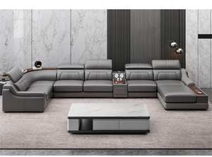 Juego de Sofás Seccionales de Cuero Italiano para Apartamentos Grandes, con Estación de Carga, Altavoces, Portavasos, Reposacabezas Ajustables, para Sala de Estar Moderna - Product Image 6