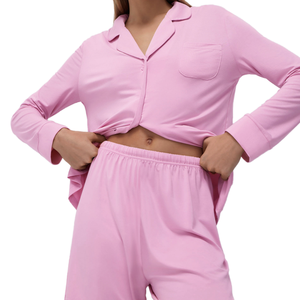 Pyjama pour femmes en coton fin tricoté rose, manches longues, taille élastique, respirant, uni, décontracté, shorts droits pour l'automne - Product Image 1