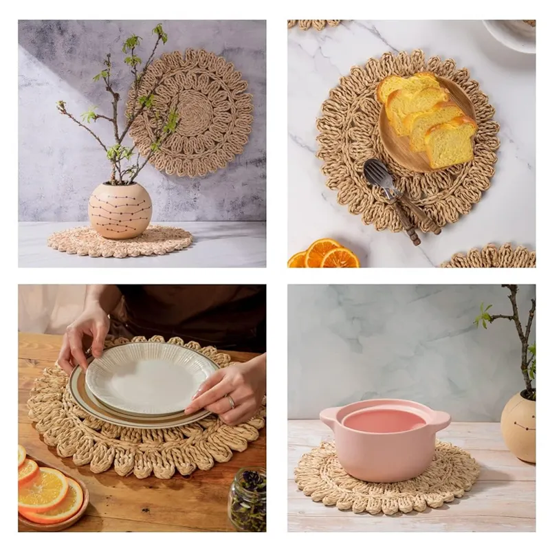 Tapetes de mesa de casamento personalizados de vime antiderrapante, tapetes redondos tropicais, tapetes boho para mesa de jantar de luxo