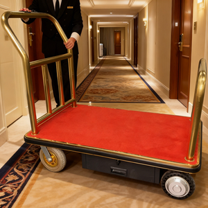 Chariot à bagages électrique finition laiton pour <span class=keywords><strong>service</strong></span> de portier avec transport de bagages d'hôtel et apparence haut de gamme - Product Image 1