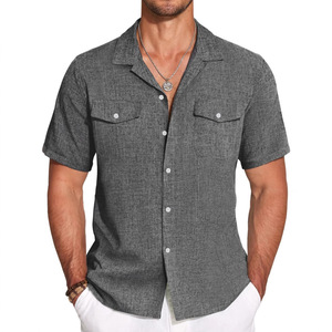 Nouvelle <span class=keywords><strong>chemise</strong></span> d'été en lin pour <span class=keywords><strong>homme</strong></span>, <span class=keywords><strong>chemise</strong></span> à manches courtes unie en lin et lin pour jeune <span class=keywords><strong>homme</strong></span> avec col à revers - Product Image 2