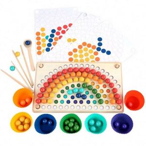 Boys Girls New Arrival 3 in 1 Toddler Learning Color Sorting Rainbow Clip Bead Board Games - Product Image 1
