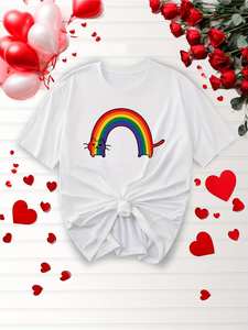 T-shirt da donna Rainbow Cat And Heart a maniche corte con scollo rotondo, grazioso top stampato in jersey di cotone primaverile ed estivo - Product Image 3