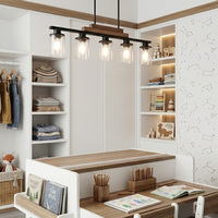 Luminaire de cuisine et salle à manger à 5 lumières LED noires longues avec abat-jour en verre, hauteur réglable, E26