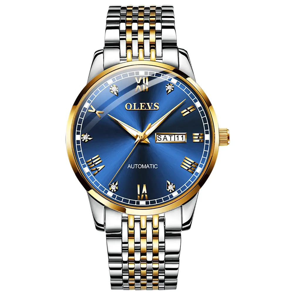OLEVS OEM-reloj mecánico automático de lujo para hombre, de acero inoxidable, con logotipo personalizado, resistente al agua, esfera azul
