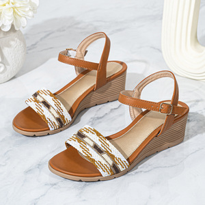 Sandalias de cuña a rayas para mujer, de cuero genuino, con punta abierta, plataforma y cierre de hebilla, transpirables, para verano, al por mayor - Product Image 2