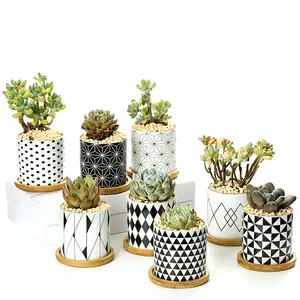 Desain Geometris Nordic Pot Bunga Keramik Silinder Lurus Pot Bunga Sukulen Dekorasi Rumah Hitam dan Putih