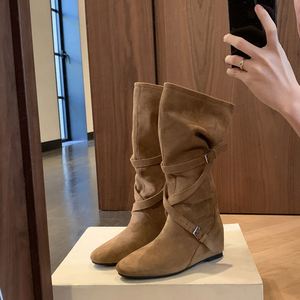 Botas Vaqueras Occidentales para Mujer, Estilo Coreano, Punta Redonda, Hebilla, Altura de 6 cm, Botas de Media Pantorrilla que Estilizan la Figura - Product Image 3