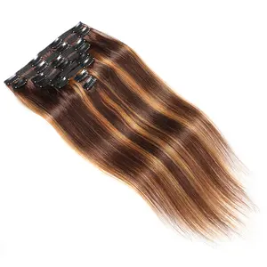Extensions de cheveux naturels et perruques avec Clip, cheveux humains, couleur Piano, P4/27