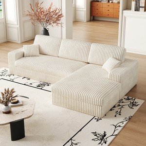 Canapé inclinable modulaire moderne en velours côtelé, écologique et durable, en mousse, design en L 2-en-1, trois coussins, oreiller cervical, deux plaids - Product Image 4