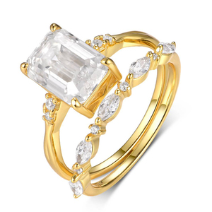 925 Sterling Silver Gold Plated Stackable <strong>Ring</strong> Set <strong>Emerald</strong> Cut Moissanite <strong>Solitaire</strong> with Marquise Pave Band Wedding Jewelry Set - Product Image 6