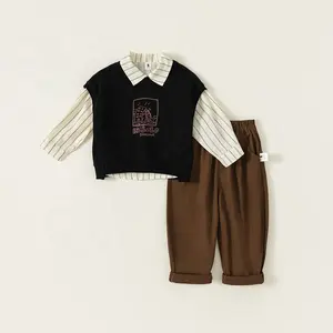 wholesale spring autumn children wear Black vest striped shirt brown pants little boys clothing sets casual kids suit set 3 pcs