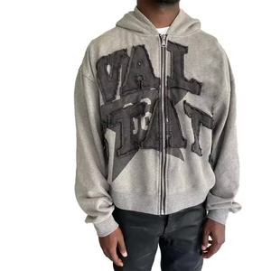 Sudadera con Capucha para Hombre, Estilo Desgastado, Lavado Ácido, Bordada, con Parches, Felpa Francesa, Estampado Digital Desteñido, Diseño Sólido para Otoño - Product Image 4