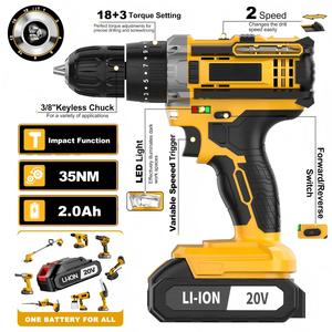 <span class=keywords><strong>Perceuse</strong></span> à percussion sans fil 20V avec <span class=keywords><strong>mandrin</strong></span> auto-serrant 3/8 pouce, perçage max. 30mm, batterie 2.0Ah, kit DIY personnalisable OEM - Product Image 4