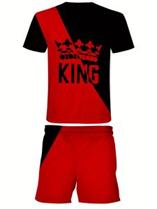 Ensemble décontracté deux pièces à manches courtes respirant pour homme, <span class=keywords><strong>tenue</strong></span> d'été, imprimé numérique, épissure bicolore, motif 'King', col en V, satin - Product Image 5