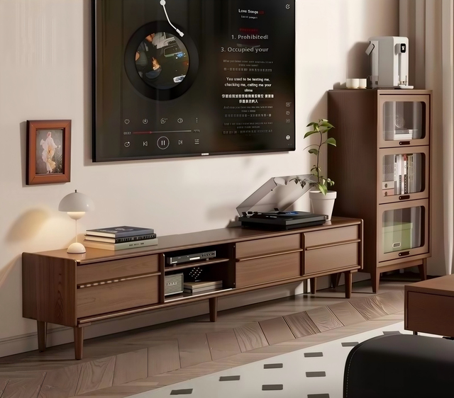 Modern Solid Wood TV Stand Walnut Color Media Console Cabinet for Living Room & Dining Eco-Friendly Entertainment Center