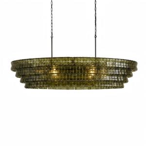 Lussuoso <span class=keywords><strong>Lampadario</strong></span> Lineare Grande e Lungo per Arredamento Casa, Isola Cucina, Tavoli da Pranzo, con Vetro Ovale a Strati <span class=keywords><strong>Verde</strong></span> Ambra e Metallo Nero - Product Image 1