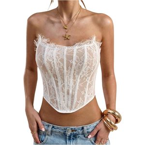 Haut corset en dentelle pour femme, bustier sans bretelles, dos nu, moulant, floral, translucide, pour soirée et club - Product Image 1