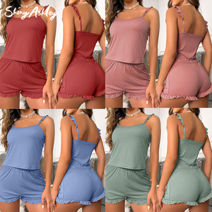 Offre Spéciale été confortable dames pyjamas décontracté côtelé dentelle fille vêtements de détente jarretelles Shorts ensemble femmes pyjamas - Product Image 4