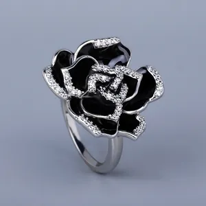 CAOSHI Women Black Rose Flower Finger Rings Fashion 925 Silver Coating Elegant Girls Cubic Zirconia Paint Rings