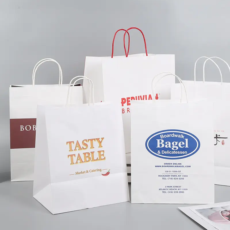 Sacs à provisions en papier kraft brun blanc avec votre propre logo sac en papier cadeau recyclé imprimé avec logo personnalisé avec poignées
