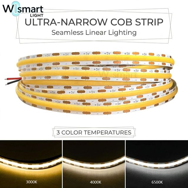 DC24V 5mm Ultra Narrow COB LED Strip Light 400LEDs/m CRI90 IP65 Dotless Flexible Tape for Cabinet Commercial Signage
