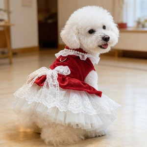 Pet Dog Clothes <b>Red</b> Velvet Princess Dress With Lace <b>Bow</b> Cute Design For Spring Autumn Wedding Outfit - Product Image 1