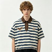 Chemise rayée épaisse bleue délavée vintage avec patch étoile aigle, fermeture éclair, coupe courte pour homme, ourlet effiloché, style rétro