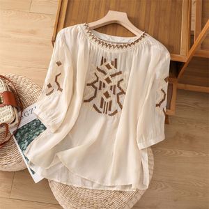 Women Embroidered <b>Linen</b> <b>Top</b> Three Quarter Sleeve Vintage Loose Fit Breathable Summer Blouse White Navy Blue Yellow Gray Apricot - Product Image 3