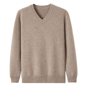 Pull en cachemire 100 % tricoté à col en V pour homme, fabriqué en usine, 12GG, respirant, avec logo frontal uni, 280g - Product Image 1