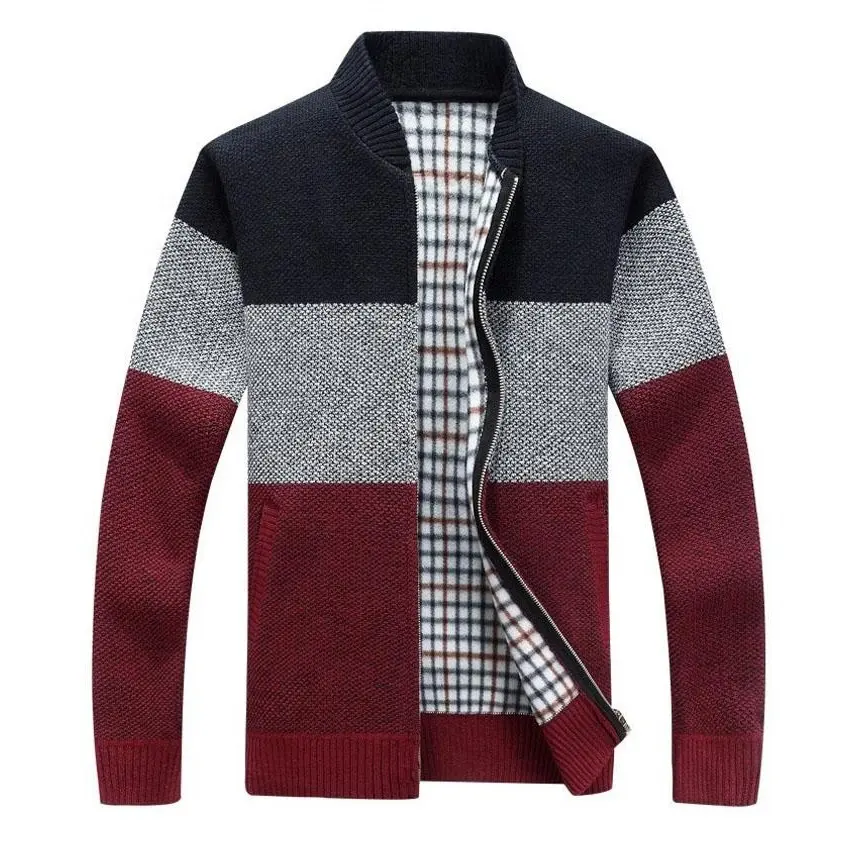 Custom New Trend Long Sleeve O Neck Dark BlueColor Block Zip Up Cardigan Sweater For Men