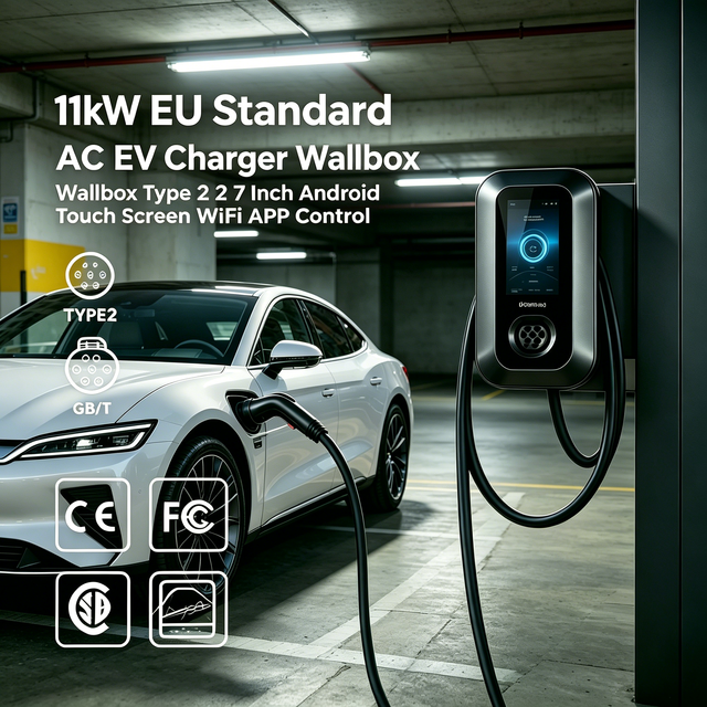 New 11kW Type 2 EV Wallbox EU Standard 7 Inch Android Touch Screen WiFi 5M Cable Home Commercial Charging Station CE Certified