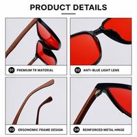 Kacamata Anti Cahaya Biru Malam OEM Unisex dengan Bingkai Penuh Bold Square TR, Lensa Berwarna Merah, Tangkai Kayu Imitasi Lebar, Engsel Rapi