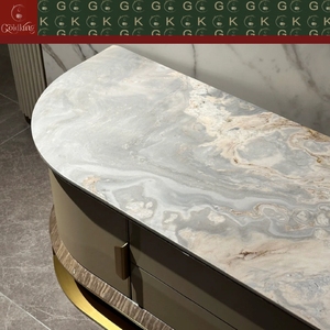 Console <span class=keywords><strong>TV</strong></span> en marbre blanc veiné GOLDKING, style moderne et luxueux, façade incurvée, armoire beige, base dorée, découpe sur mesure OEM - Product Image 2
