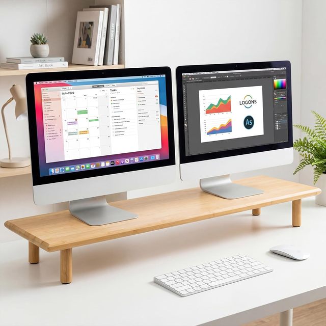 Wood Adjustable Space-Saving Monitor Stand Riser | 39.37-Inch Wide 3.5-Inch Clearance Fits Two 24-Inch Monitors Home Office