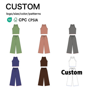 Ensemble 2 pièces pour filles en tissu de yoga avec bordure brodée festonnée, débardeur sans manches et pantalon large, personnalisable - Product Image 1