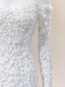 Abito da <span class=keywords><strong>Sposa</strong></span> Lussuoso a Sirena con Spalle Scoperte e Maniche Lunghe, Applicazioni Floreali 3D, Elegante Abito Nuziale - Product Image 5