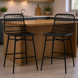 Tabourets de bar modernes en rotin, hauteur de comptoir 26 pouces, structure en métal noir, chaises pour îlot de cuisine, lot de 2 - Product Image 2