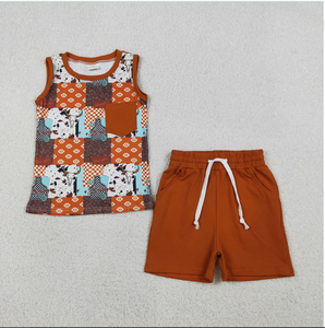 Conjunto de Ropa de Verano para Niños BSSO1773 Howdy Cow Skull Aztec Plaid Pocket Top y Pantalones Cortos Marrones - Product Image 6