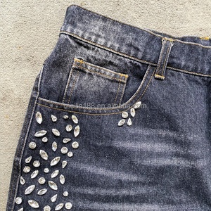Custom Streetwear <b>Jeans</b> Crystal Rhinestone Raw Hem Jorts Cut Edge Denim Pants Distressed Streetwear Acid Wash Baggy <b>Jeans</b> Men - Product Image 5