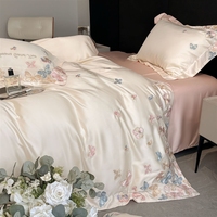 Ensemble de literie 4 pièces en soie lavée de luxe, broderie de papillons, housse de couette et drap en soie luxueux