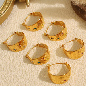 Hoop Earrings 18K Gold Plated <b>Titanium</b> Steel Inlaid Zircon Eight Pointed Star Women's Wide Hoop Everyday Wear - Product Image 1