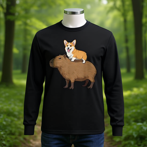 T-shirt à manches longues Corgi Riding Capybara, unisexe, col rond, imprimé numérique, motif animal amusant - Product Image 3