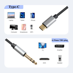 USB C TO AUX สเตอริโอ6.35mm ปลั๊กตัวผู้สายสัญญาณเสียงสำหรับโทรศัพท์แล็ปท็อปเครื่องขยายเสียงลำโพงหูฟัง AUX - Product Image 4