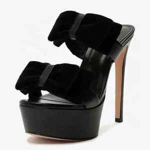 Mules à talons aiguilles pour femmes, sandales à talons fins et hauts, avec nœud en tissu floqué, plateforme épaisse, pour soirée, club, été, chaussures de soirée - Product Image 2