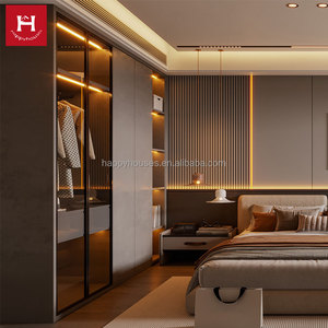Happy Houses <span class=keywords><strong>Armoire</strong></span> moderne à la mode <span class=keywords><strong>Armoire</strong></span> en bois Haute porte en verre avec lumière LED dans la chambre Armoires personnalisées Usines - Product Image 1