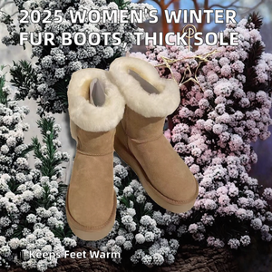 Nouvelles bottes d'hiver pour femmes 2025, bottes de neige en cuir de vache, semelle épaisse, bout rond à boutons en corne, fourrure intégrée de haute qualité, antidérapantes - Product Image 2