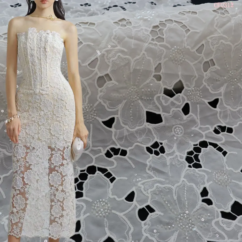 Nueva tela de encaje de cordón de guipur 2024 última tela de bordado de encaje Chantilly de lujo con lentejuelas para vestido de novia de mujer
