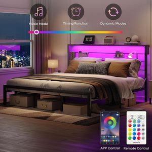 Base de Cama Metálica Industrial SENYU Tamaño Queen con Cabecera con Almacenamiento y Bolsillos Laterales, Iluminación LED, Muebles de Dormitorio - Product Image 3