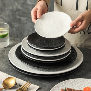 Assiette en céramique noire, plat de service blanc pour restaurant occidental, assiette à steak givrée en céramique pour barbecue et viande grillée - Product Image 6
